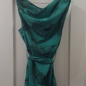 Very J Green Feather Print Dress with Sash Bow